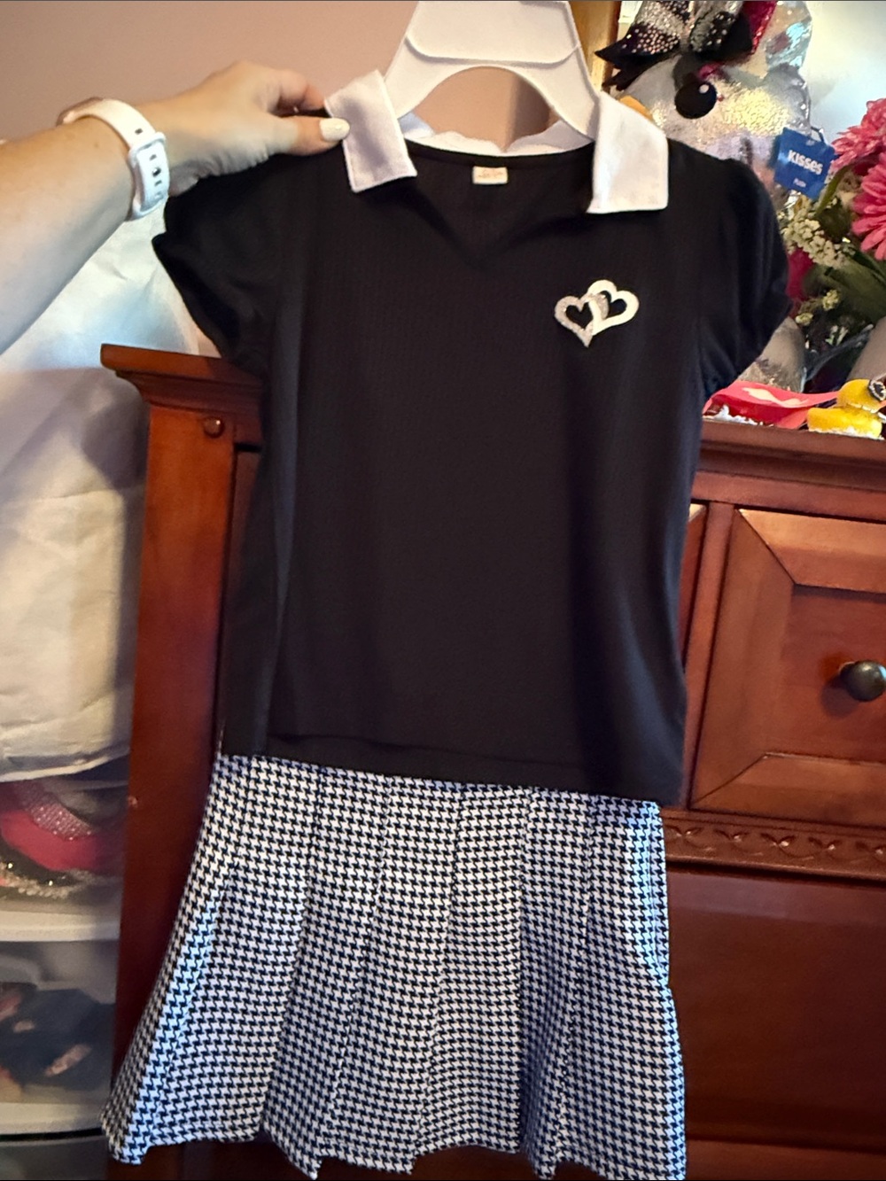 Girls Black Polo Top with White Collar and Heart Detail